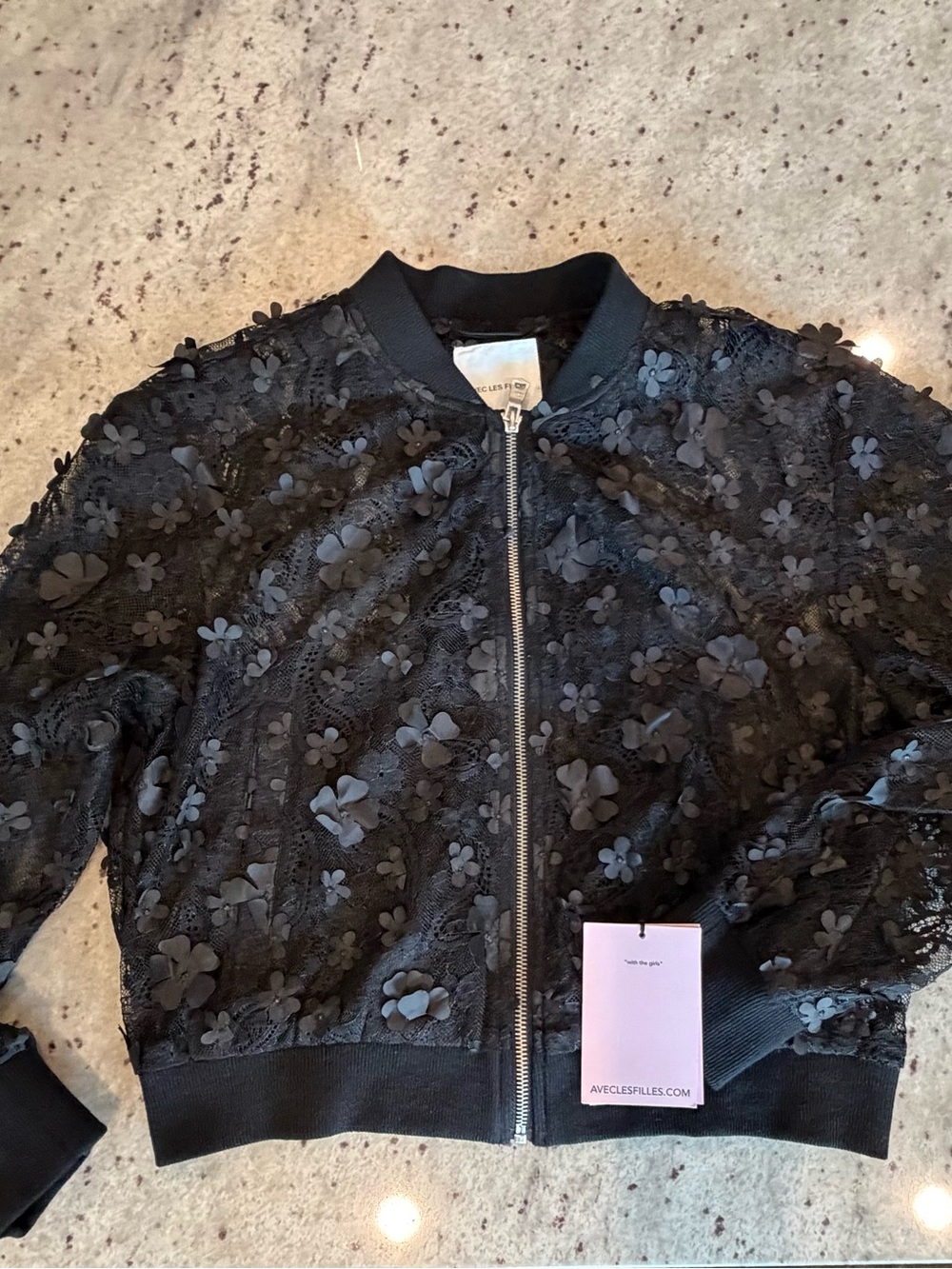 Avec Les Filles Black 3D Floral Lace Bomber Jacket